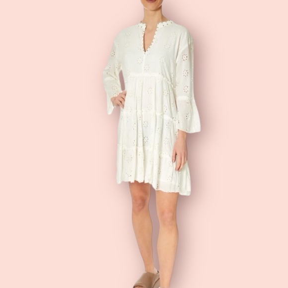 MAISON HOTEL Dennis Short Tiered Embroidered Dress in Ivory - Picture 1 of 12